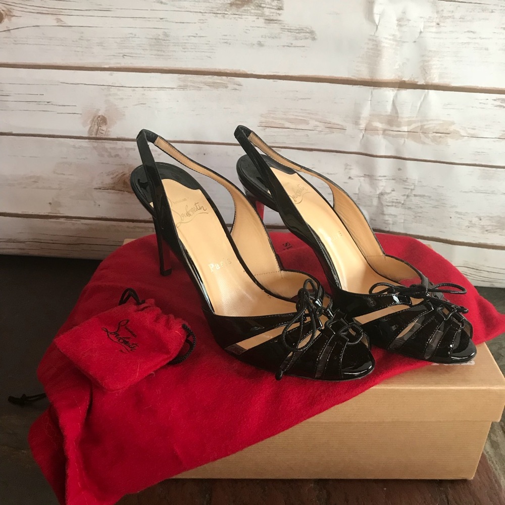 Christian Louboutin Black Patent Leather Slingback Peep-Toe Heels